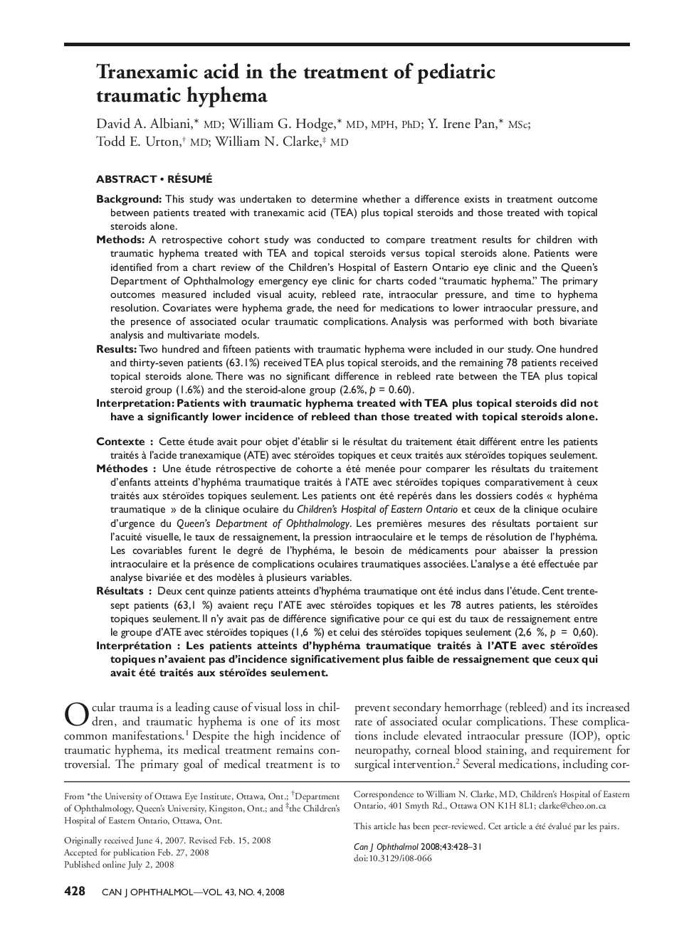 Tranexamic acid in the treatment of pediatric traumatic hyphema 1