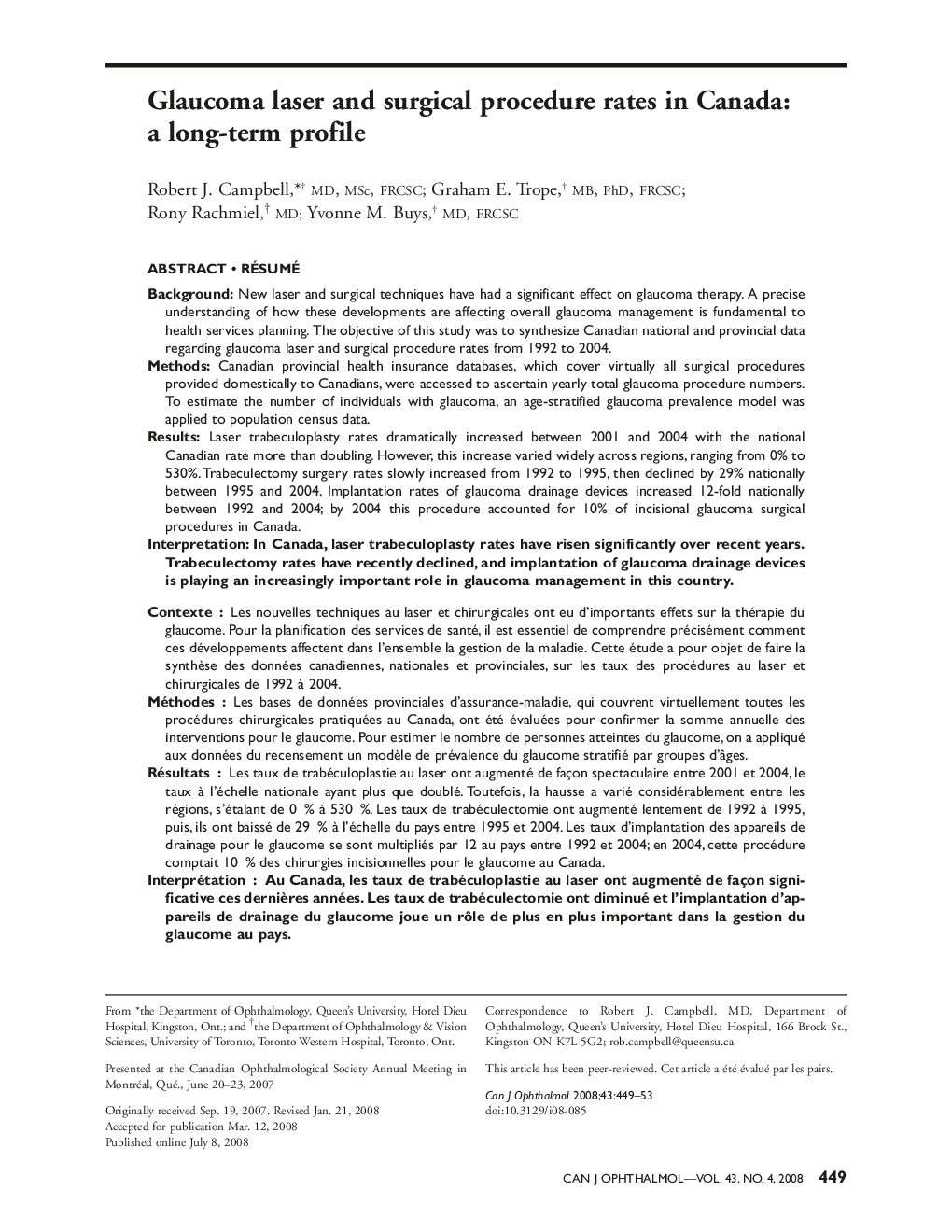 Glaucoma laser and surgical procedure rates in Canada: a long-term profile αβ