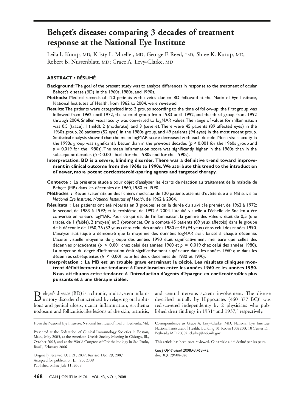Behçet's disease: comparing 3 decades of treatment response at the National Eye Institute †*