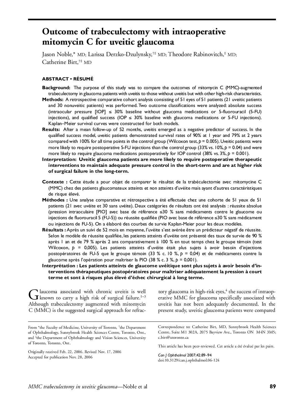Outcome of trabeculectomy with intraoperative mitomycin C for uveitic glaucoma 1