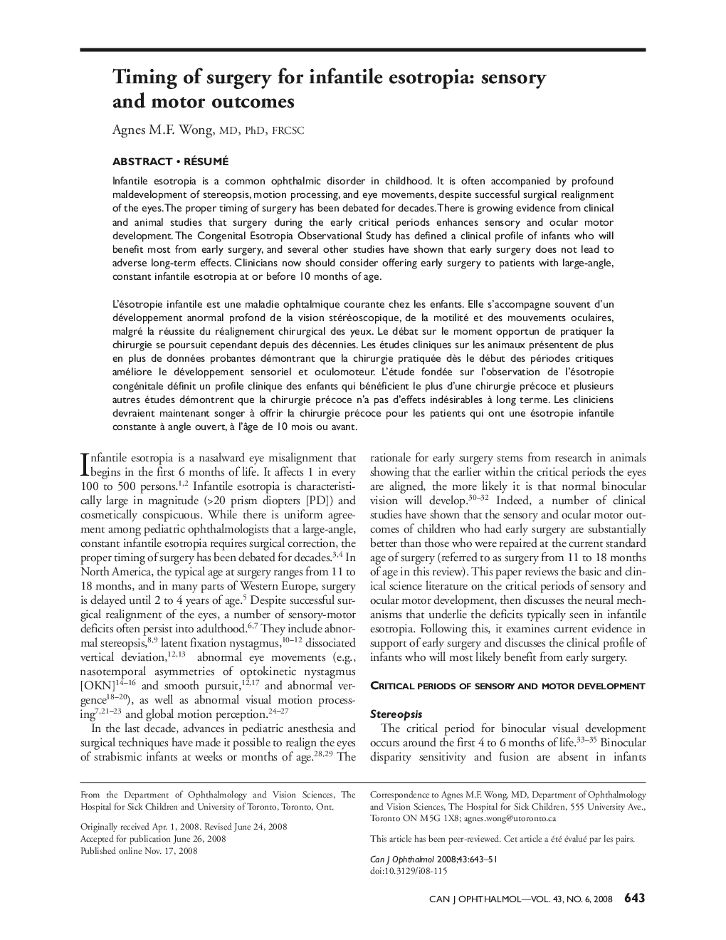 Timing of surgery for infantile esotropia: sensory and motor outcomes *