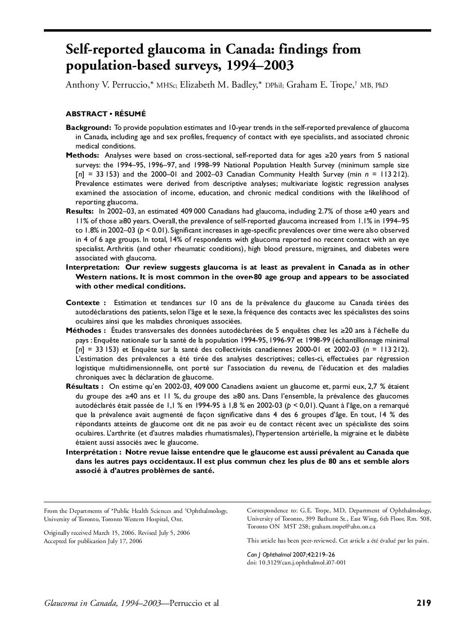 Self-reported glaucoma in Canada: findings from population-based surveys, 1994–2003 a