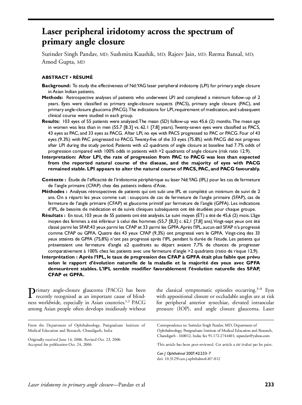 Laser peripheral iridotomy across the spectrum of primary angle closure 1