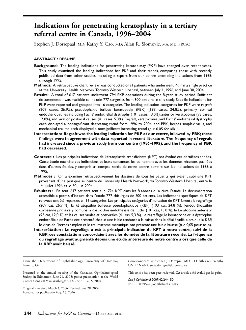 Indications for penetrating keratoplasty in a tertiary referral centre in Canada, 1996–2004 ab