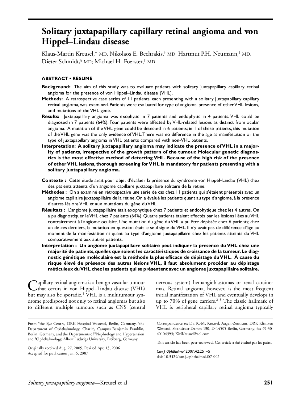 Solitary juxtapapillary capillary retinal angioma and von Hippel—Lindau disease a