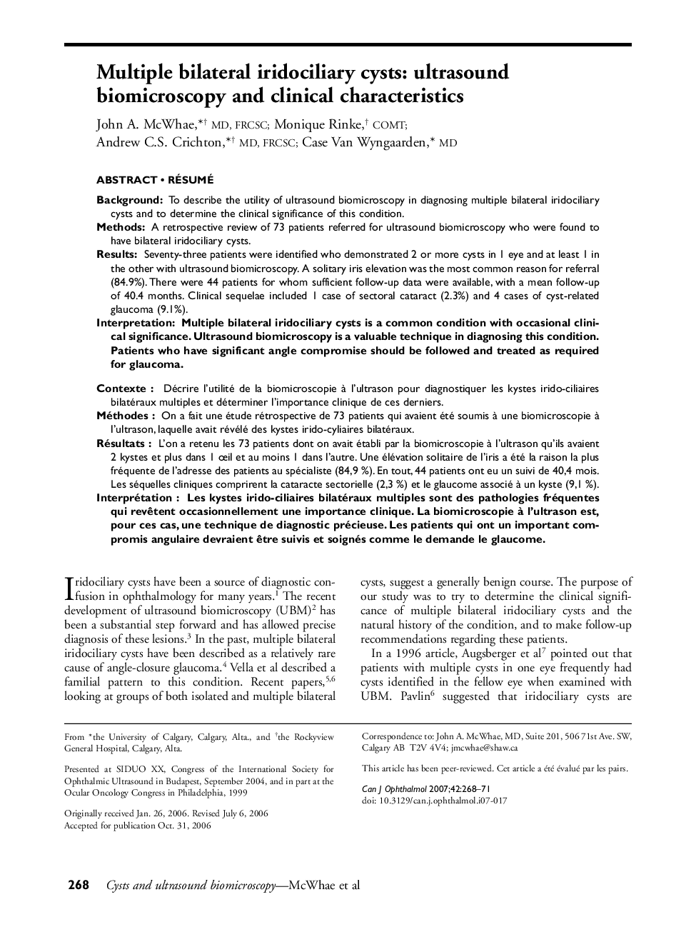 Multiple bilateral iridociliary cysts: ultrasound biomicroscopy and clinical characteristics ab