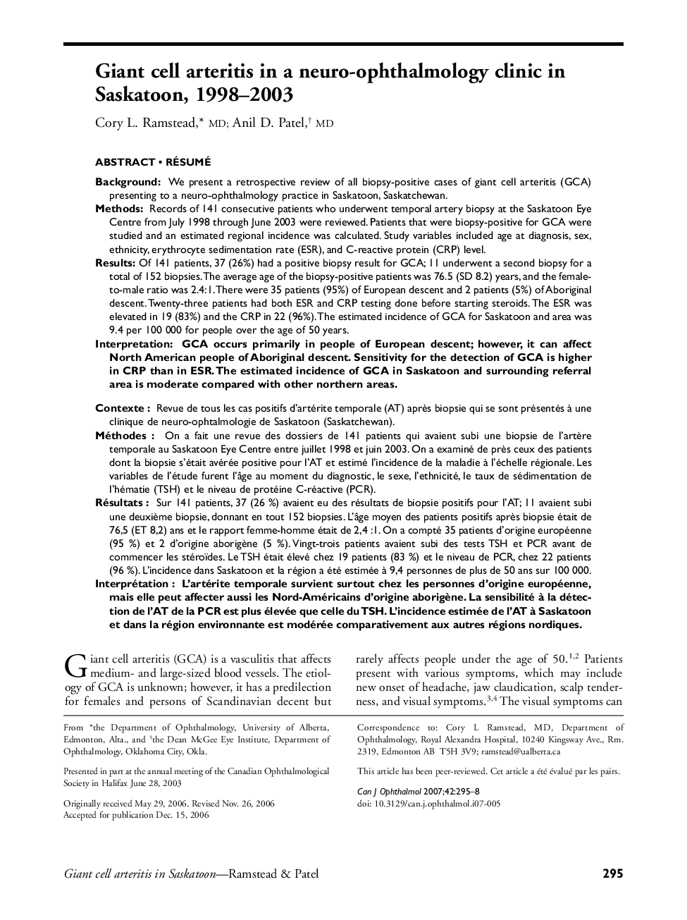 Giant cell arteritis in a neuro-ophthalmology clinic in Saskatoon, 1998–2003 12