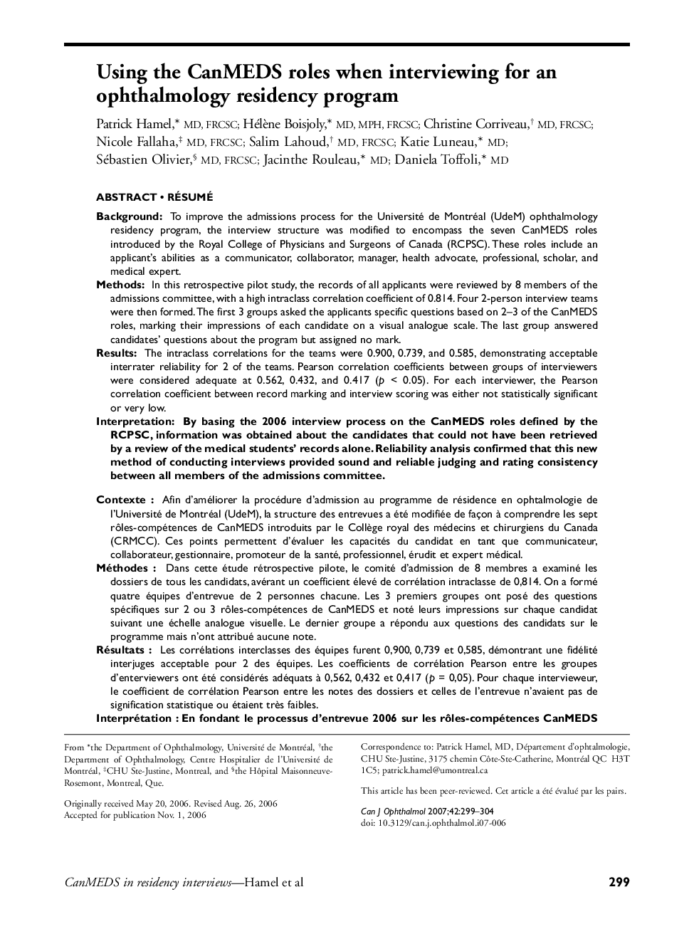 Using the CanMEDS roles when interviewing for an ophthalmology residency program a