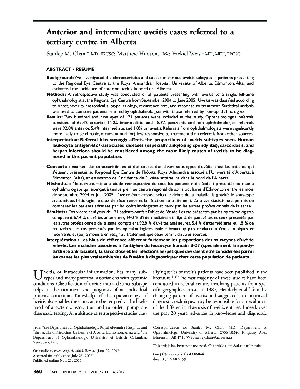 Anterior and intermediate uveitis cases referred to a tertiary centre in Alberta a