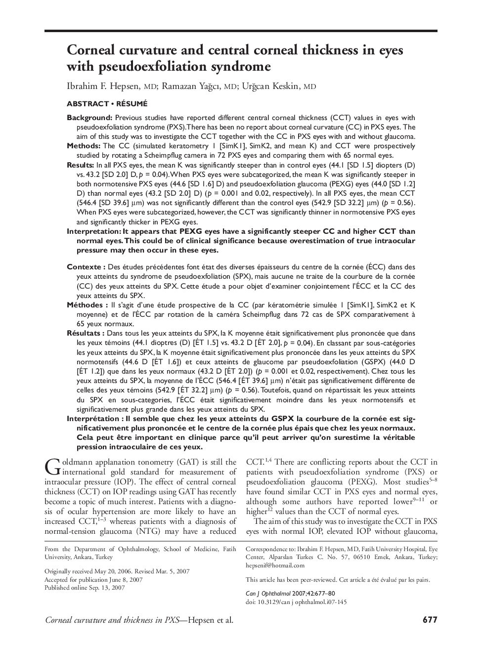 Corneal curvature and central corneal thickness in eyes with pseudoexfoliation syndrome 1