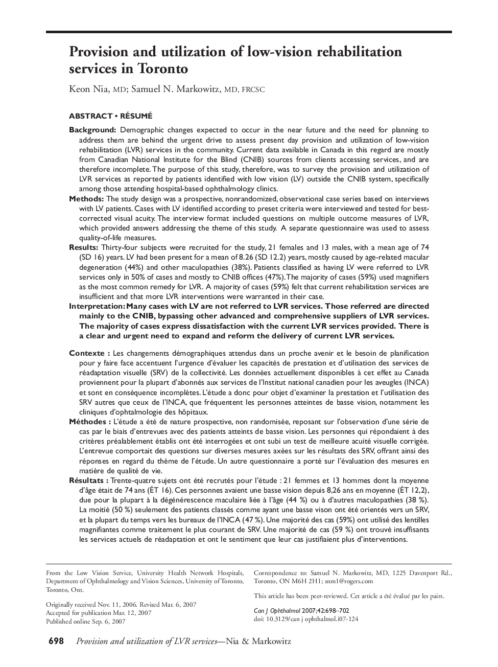 Provision and utilization of low-vision rehabilitation services in Toronto a.