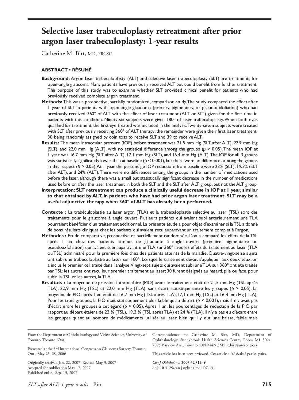 Selective laser trabeculoplasty retreatment after prior argon laser trabeculoplasty: 1-year results ab