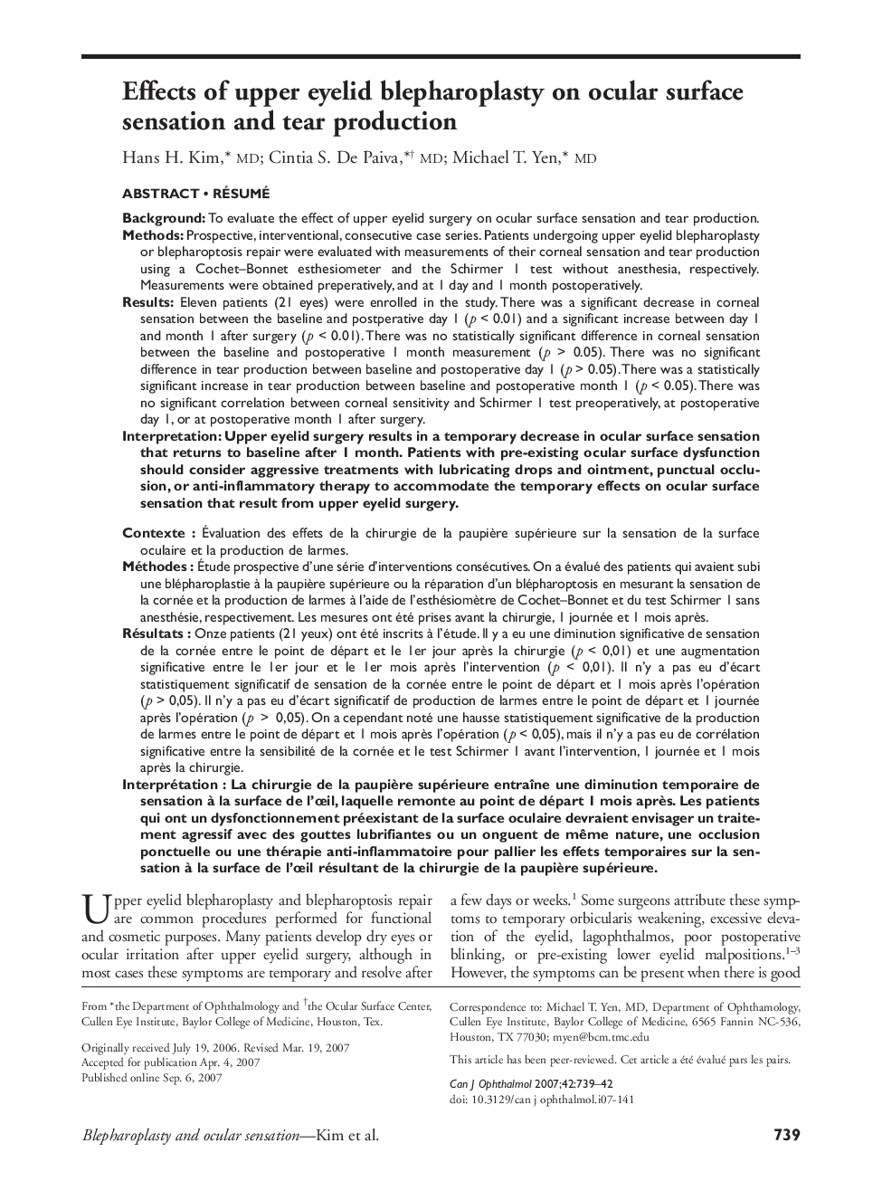 Effects of upper eyelid blepharoplasty on ocular surface sensation and tear production 1