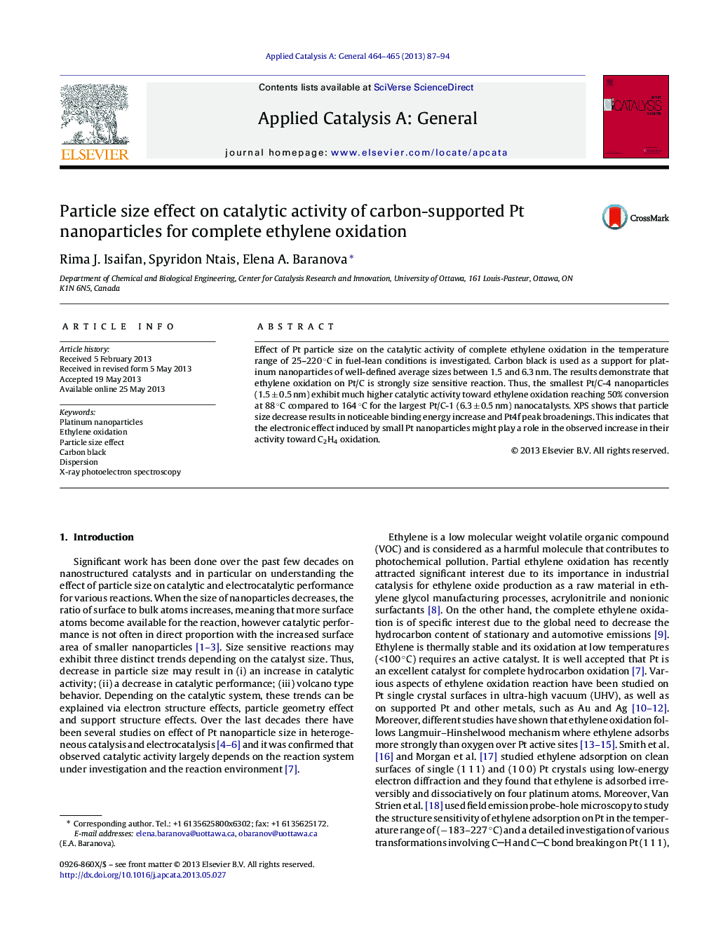 Particle size effect on catalytic activity of carbon-supported Pt nanoparticles for complete ethylene oxidation