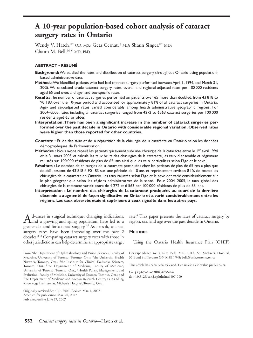 A 10-year population-based cohort analysis of cataract surgery rates in Ontario 1