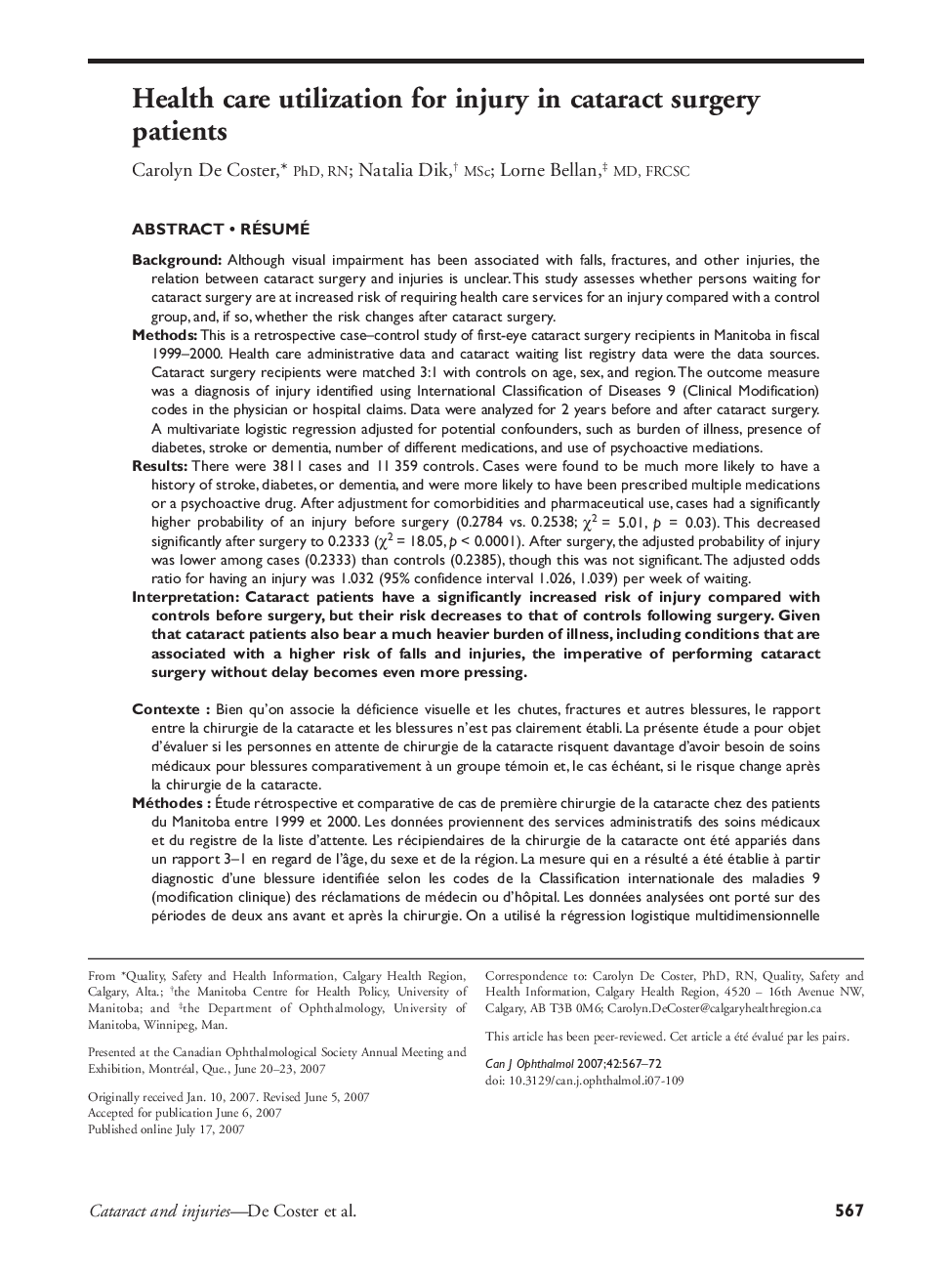 Health care utilization for injury in cataract surgery patients ab