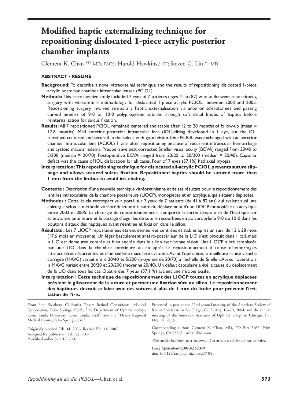 Modified haptic externalizing technique for repositioning dislocated 1-piece acrylic posterior chamber implants 12