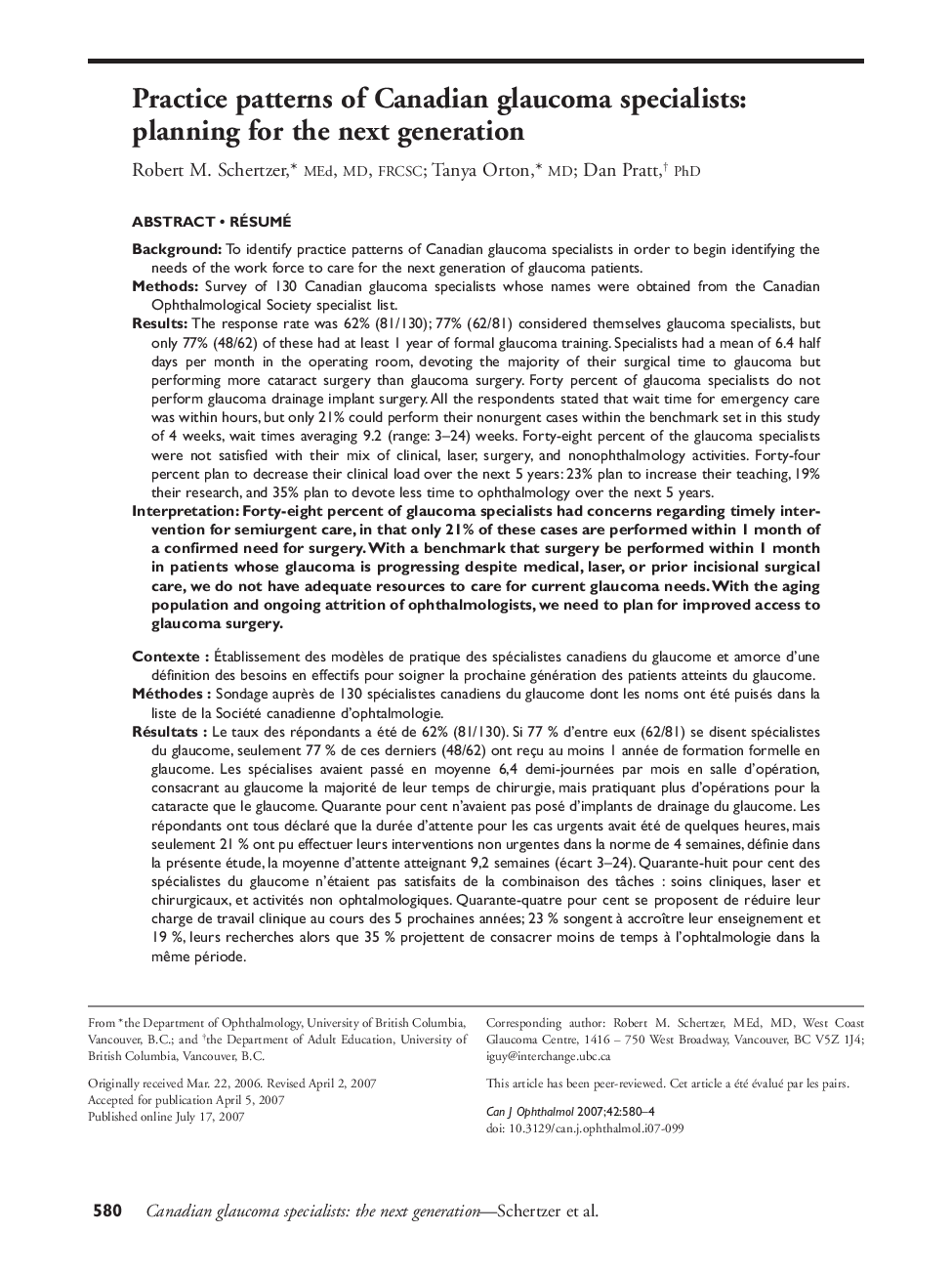 Practice patterns of Canadian glaucoma specialists: planning for the next generation 1