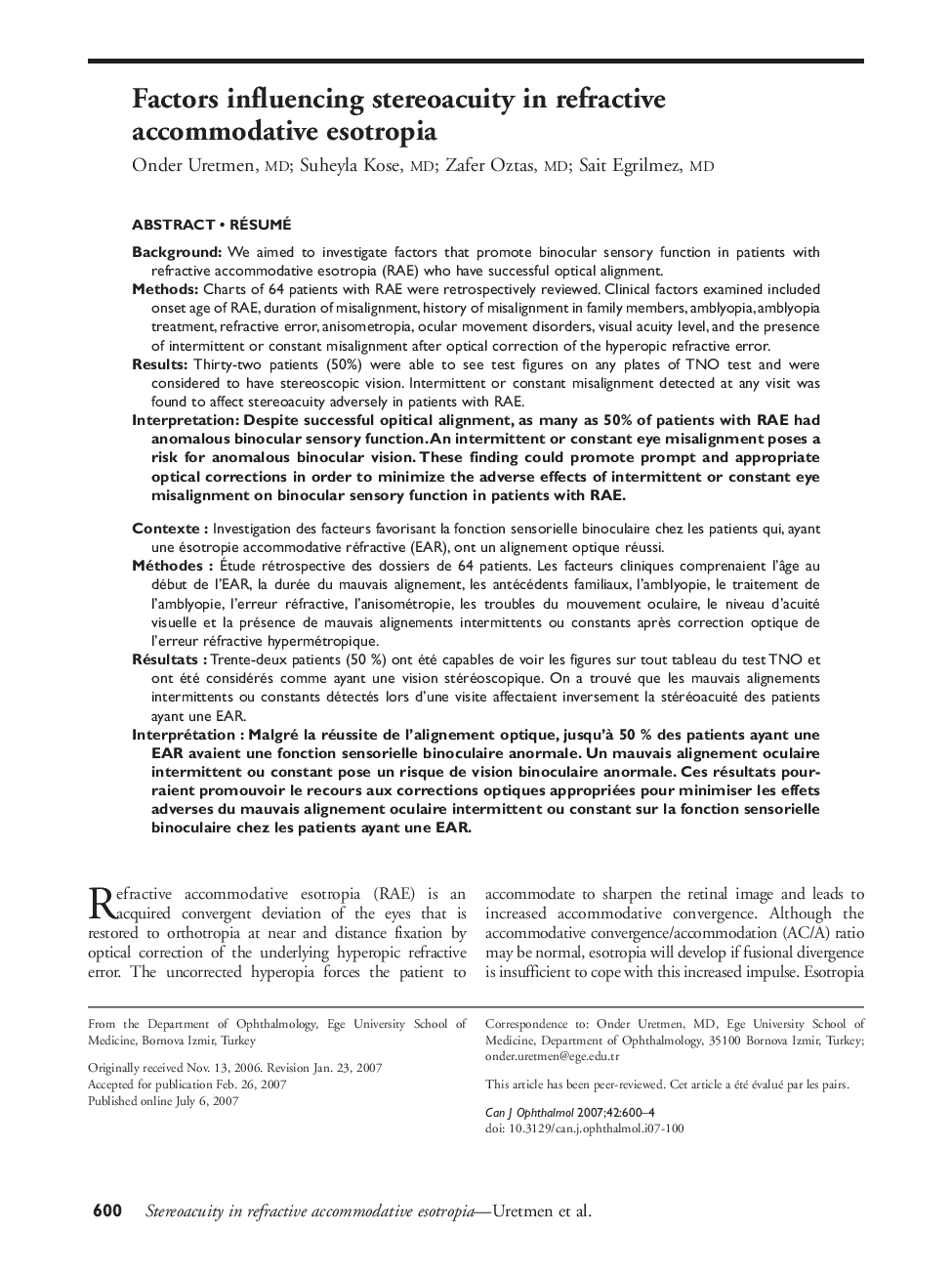 Factors influencing stereoacuity in refractive accommodative esotropia 1