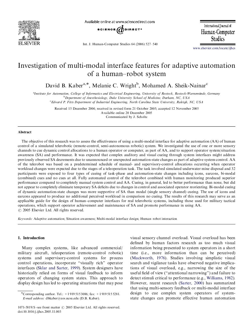 Investigation of multi-modal interface features for adaptive automation of a human–robot system