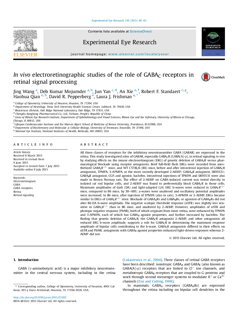 In vivo electroretinographic studies of the role of GABAC receptors in retinal signal processing