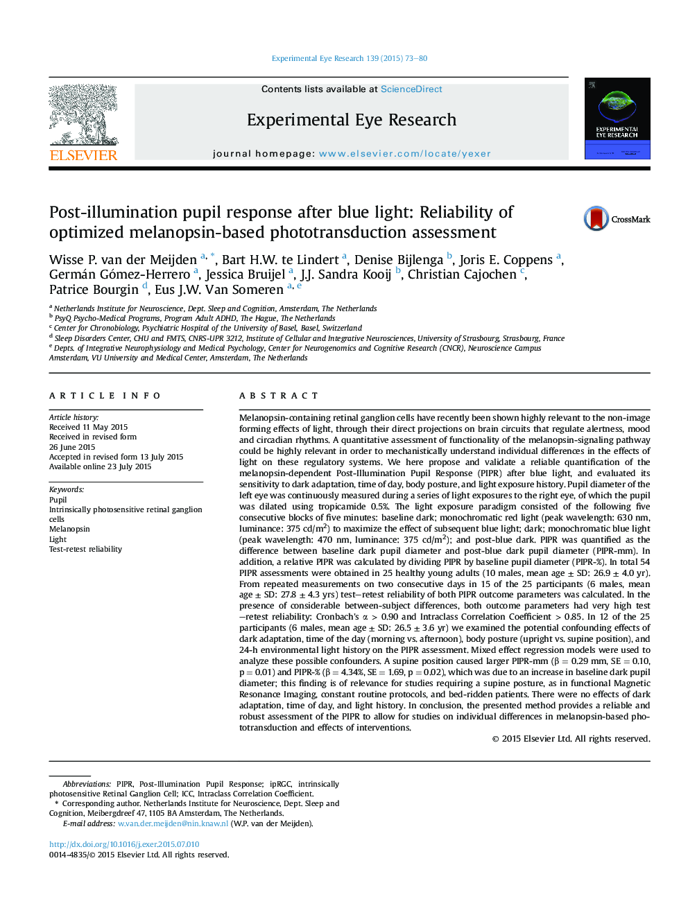 Post-illumination pupil response after blue light: Reliability of optimized melanopsin-based phototransduction assessment