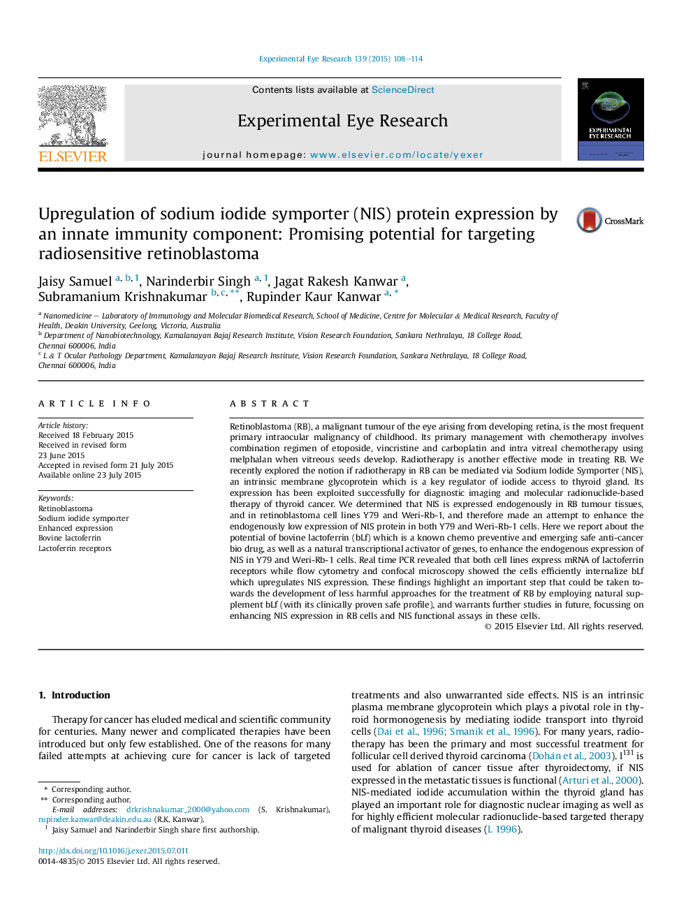 Upregulation of sodium iodide symporter (NIS) protein expression by an innate immunity component: Promising potential for targeting radiosensitive retinoblastoma