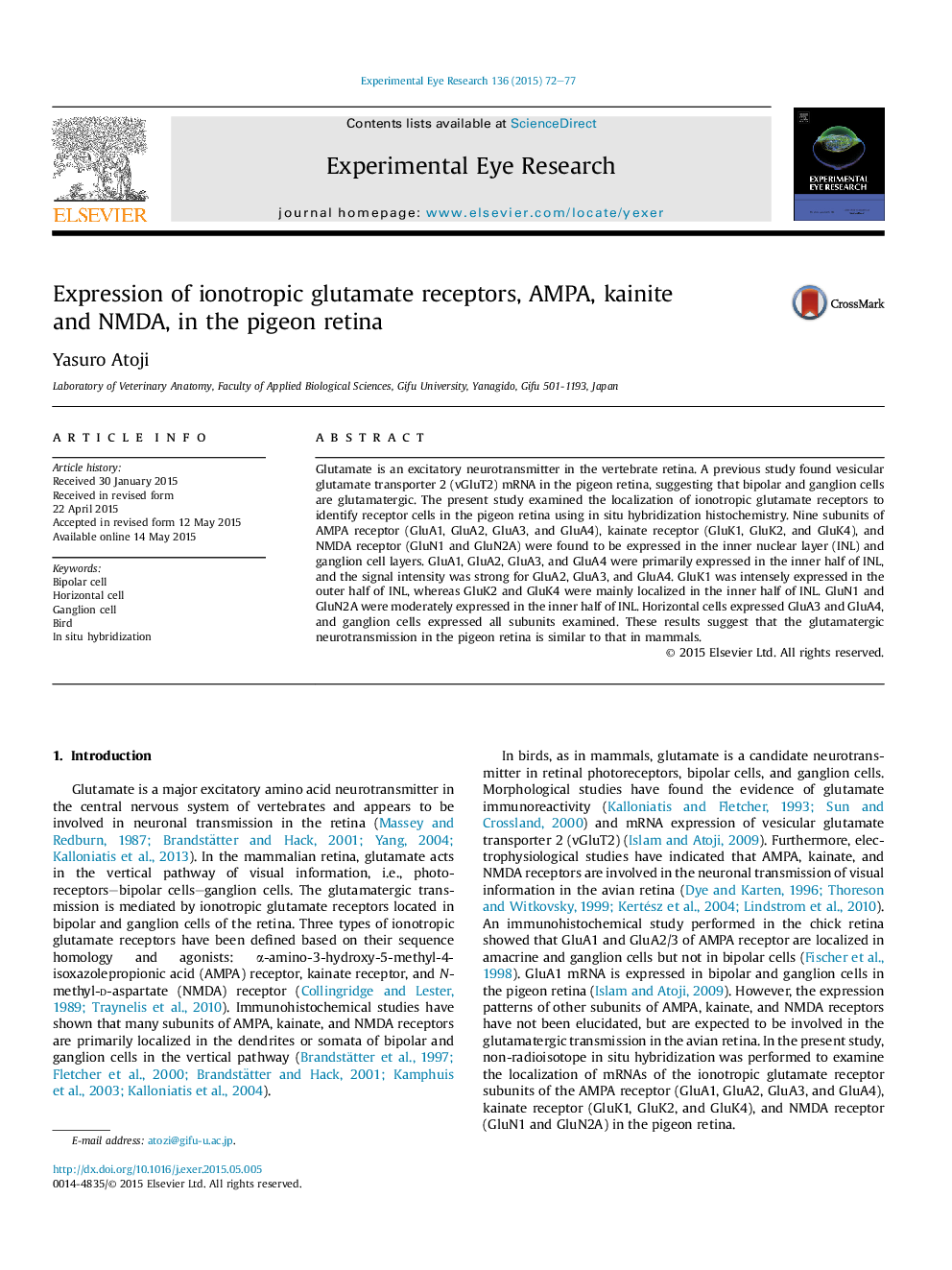 Expression of ionotropic glutamate receptors, AMPA, kainite and NMDA, in the pigeon retina