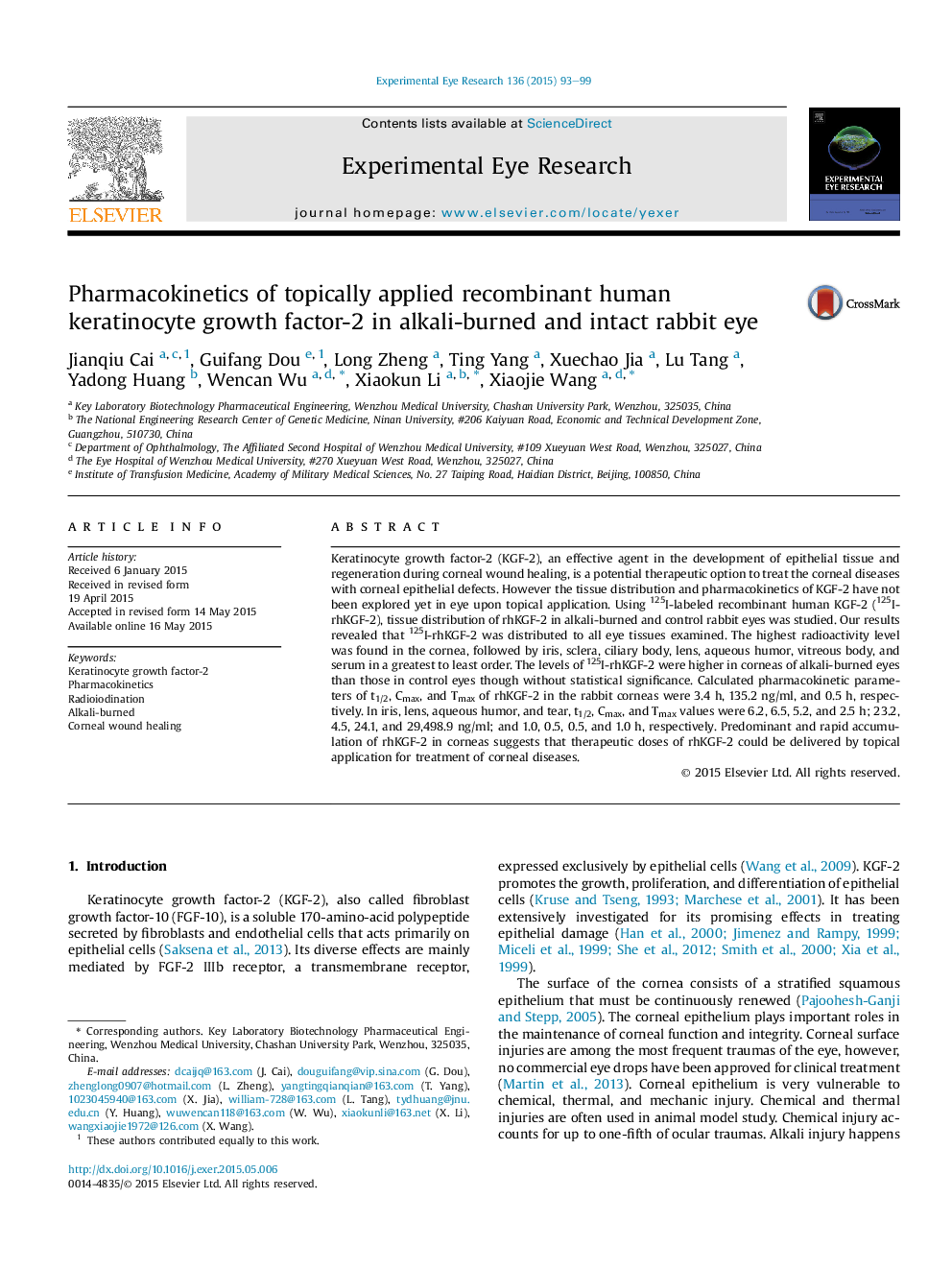 Pharmacokinetics of topically applied recombinant human keratinocyte growth factor-2 in alkali-burned and intact rabbit eye