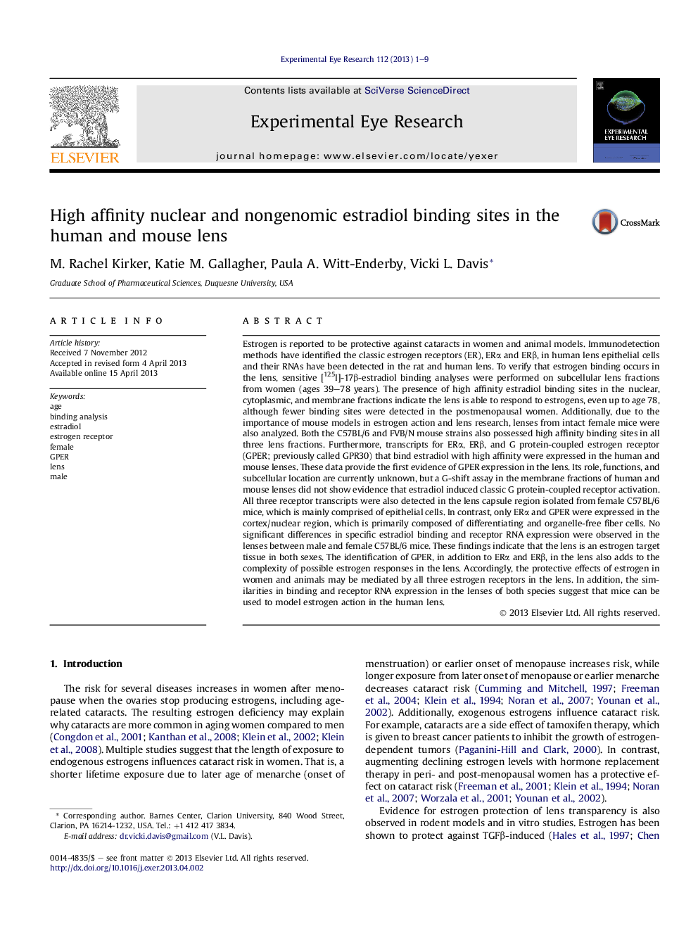 High affinity nuclear and nongenomic estradiol binding sites in the human and mouse lens