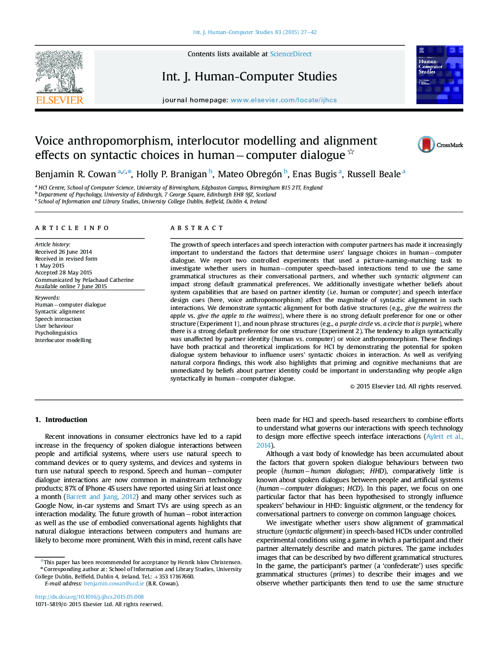 Voice anthropomorphism, interlocutor modelling and alignment effects on syntactic choices in human−computer dialogue 