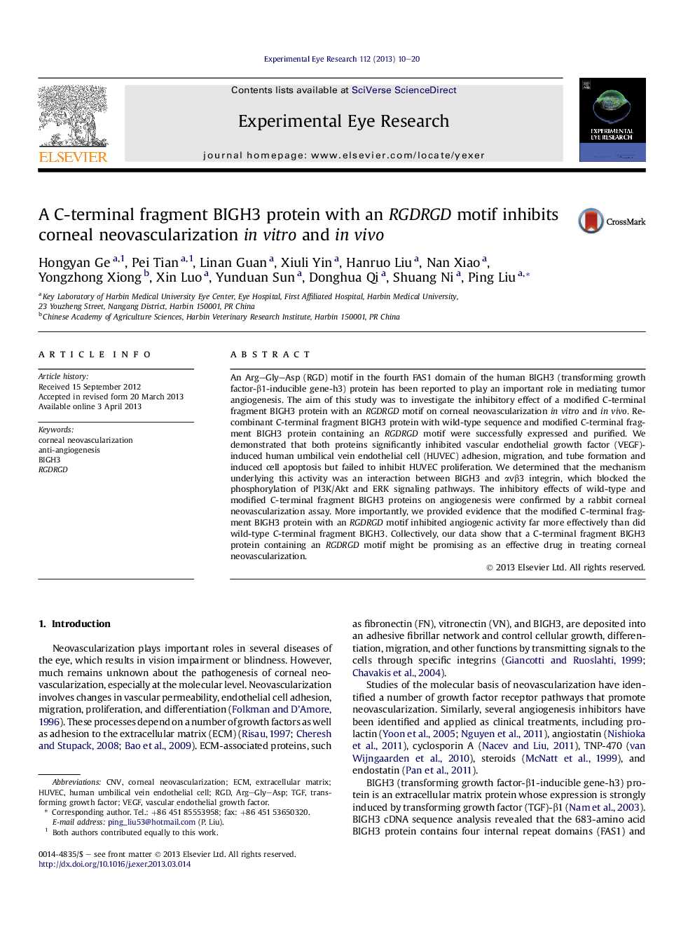 A C-terminal fragment BIGH3 protein with an RGDRGD motif inhibits corneal neovascularization in vitro and in vivo