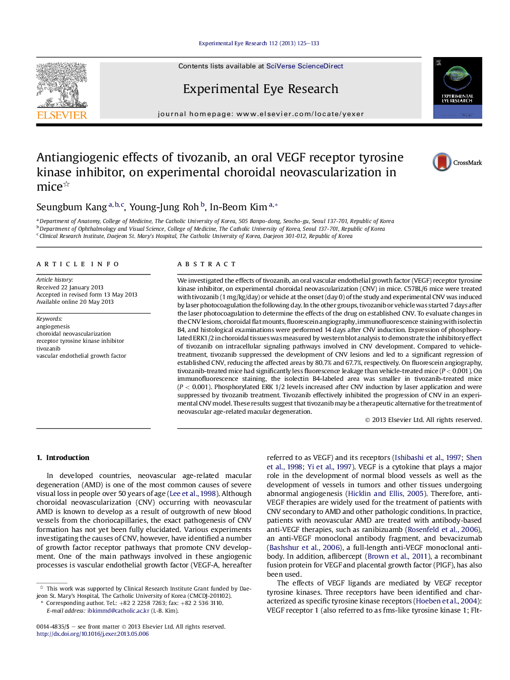 Antiangiogenic effects of tivozanib, an oral VEGF receptor tyrosine kinase inhibitor, on experimental choroidal neovascularization in mice 