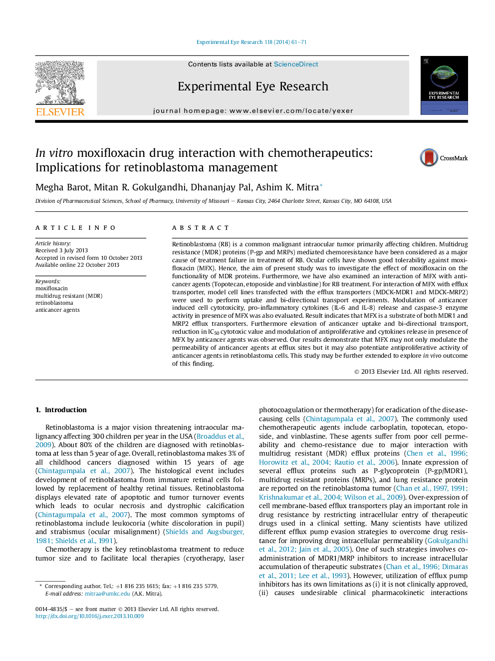 In vitro moxifloxacin drug interaction with chemotherapeutics: Implications for retinoblastoma management