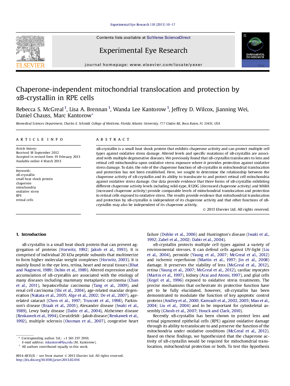 Chaperone-independent mitochondrial translocation and protection by αB-crystallin in RPE cells