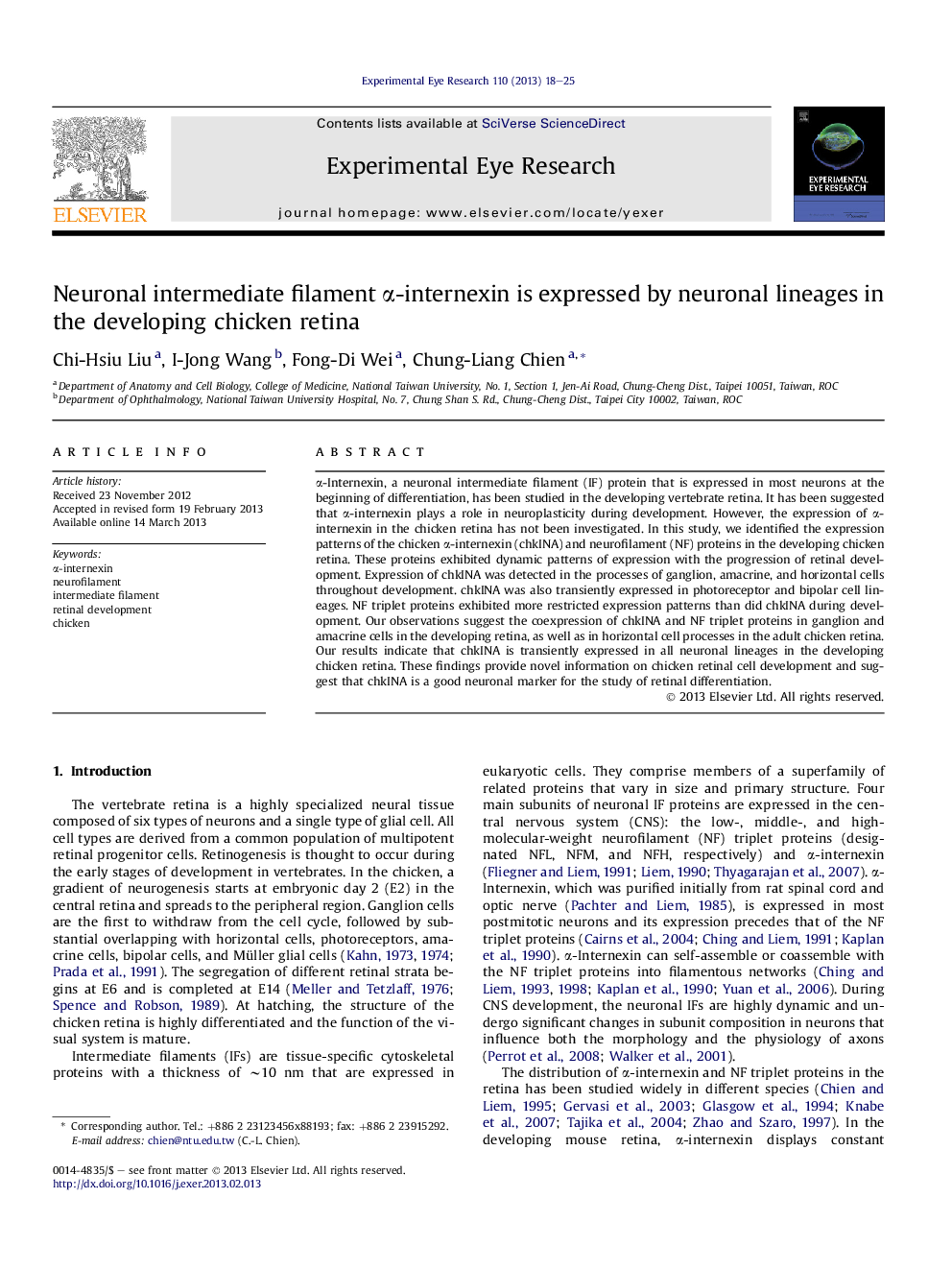 Neuronal intermediate filament α-internexin is expressed by neuronal lineages in the developing chicken retina