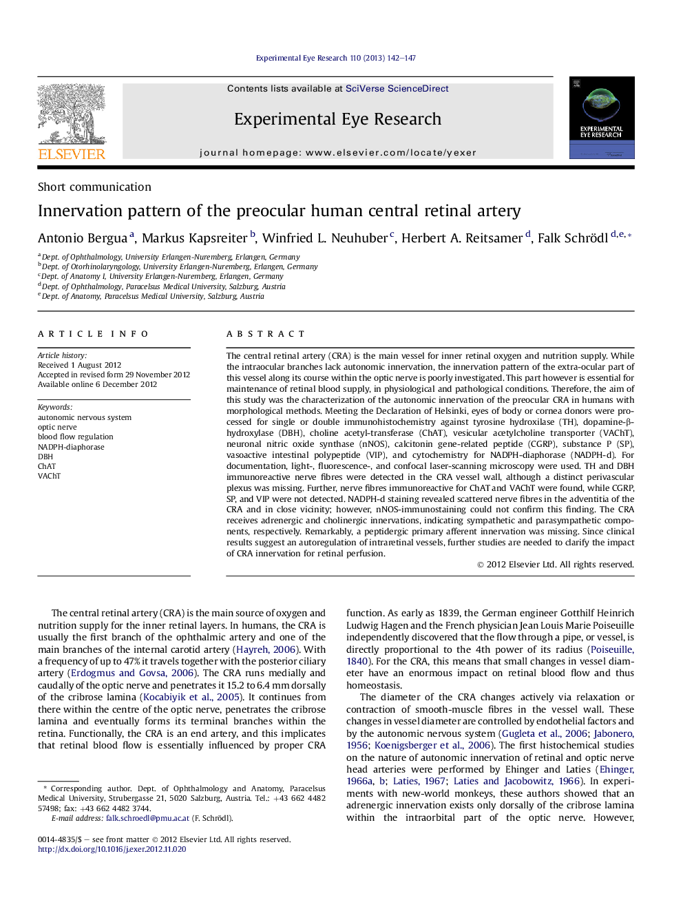 عکس صفحه اول مقاله: Innervation pattern of the preocular human central retinal artery Innervation pattern of the preocular human central retinal artery
