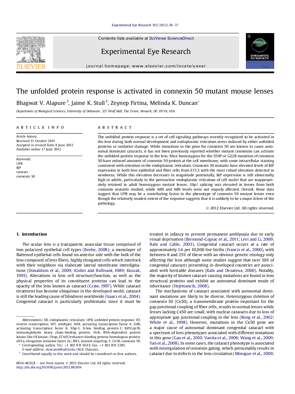 The unfolded protein response is activated in connexin 50 mutant mouse lenses