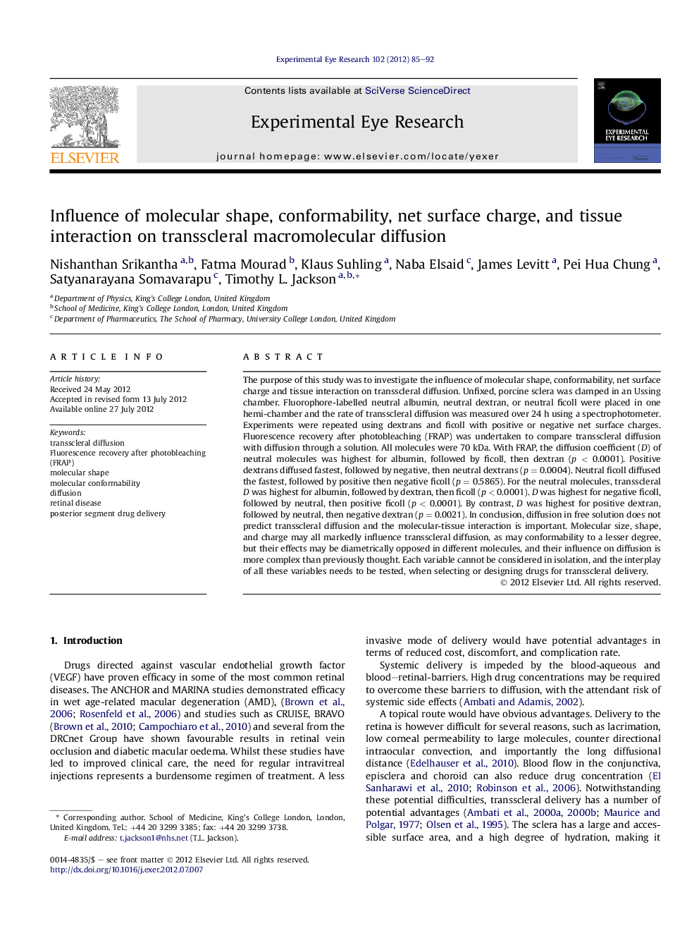 Influence of molecular shape, conformability, net surface charge, and tissue interaction on transscleral macromolecular diffusion