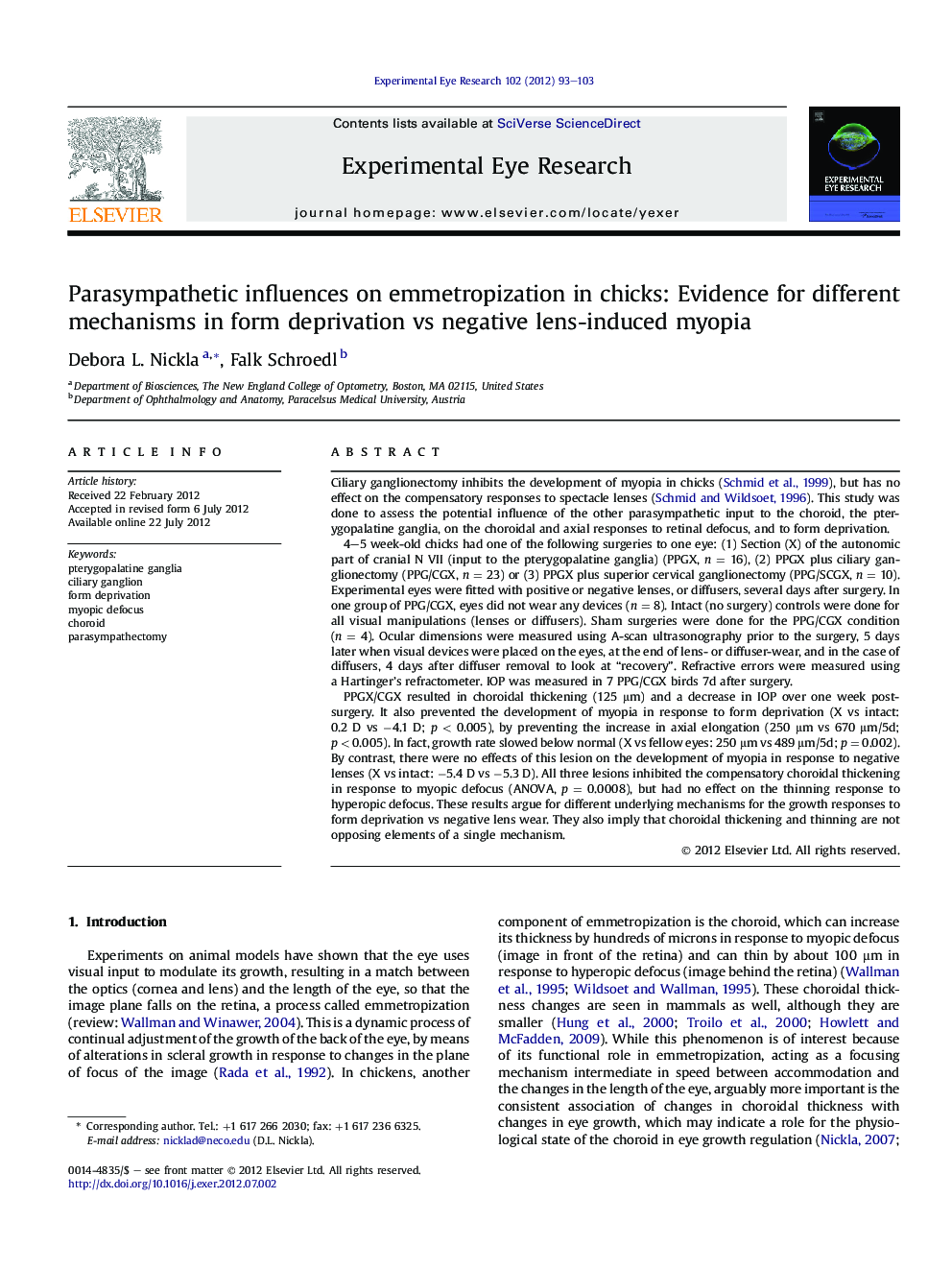 Parasympathetic influences on emmetropization in chicks: Evidence for different mechanisms in form deprivation vs negative lens-induced myopia