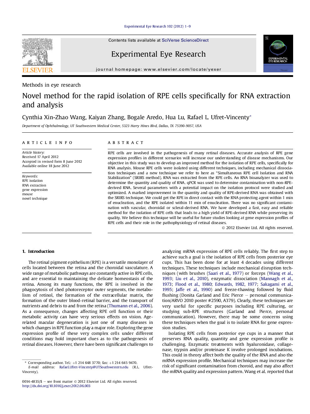 Novel method for the rapid isolation of RPE cells specifically for RNA extraction and analysis