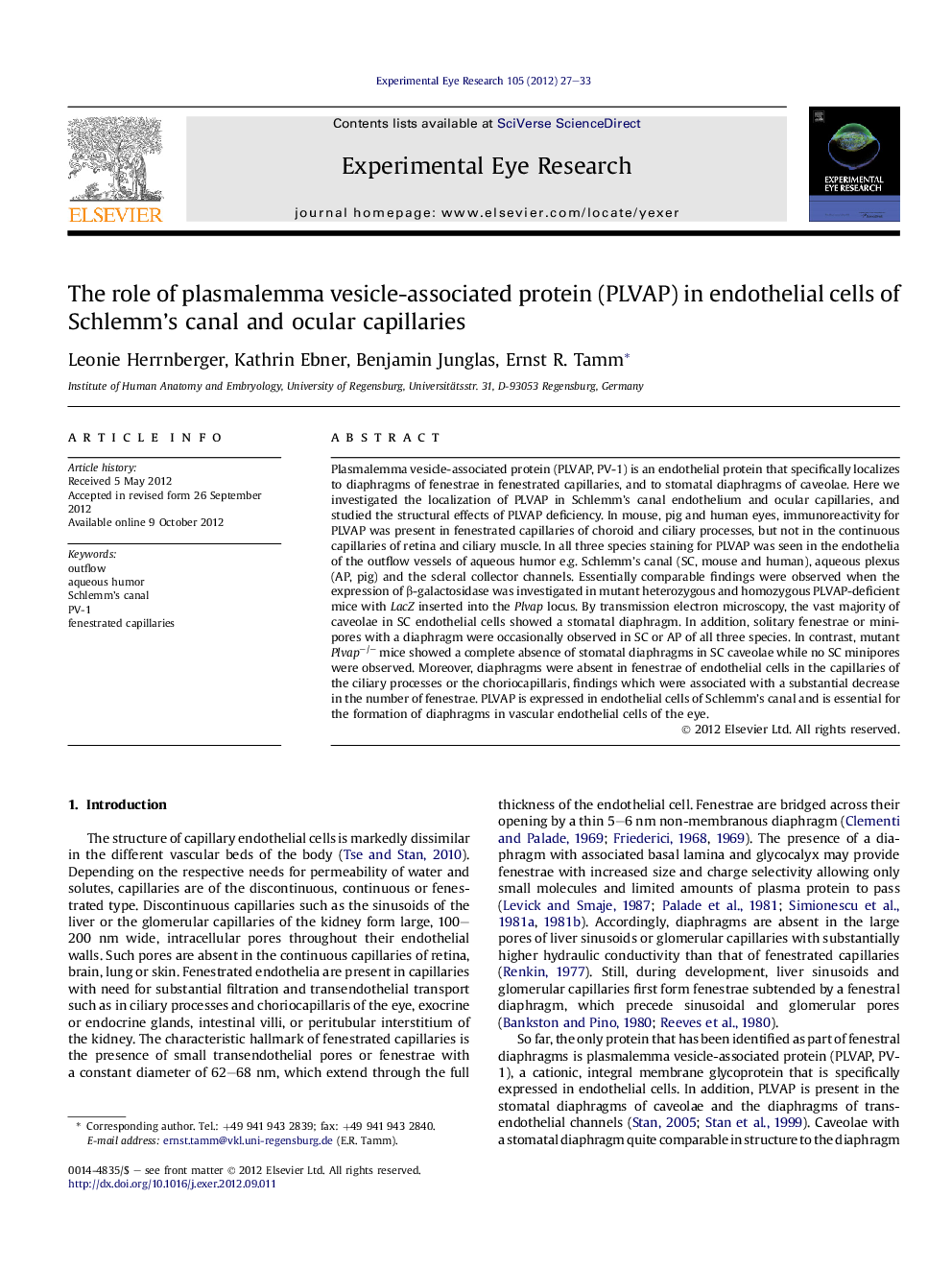 The role of plasmalemma vesicle-associated protein (PLVAP) in endothelial cells of Schlemm's canal and ocular capillaries