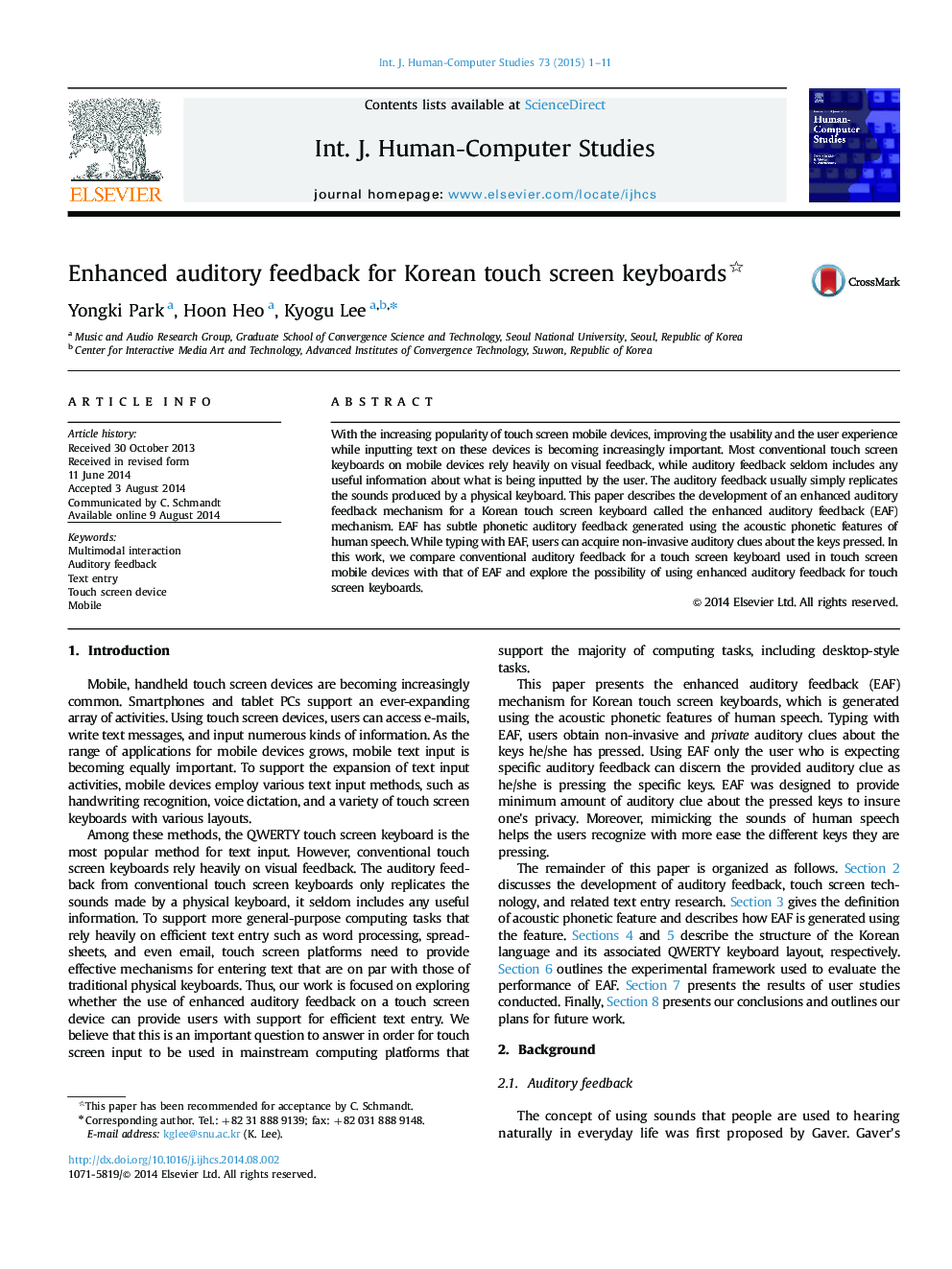 Enhanced auditory feedback for Korean touch screen keyboards 