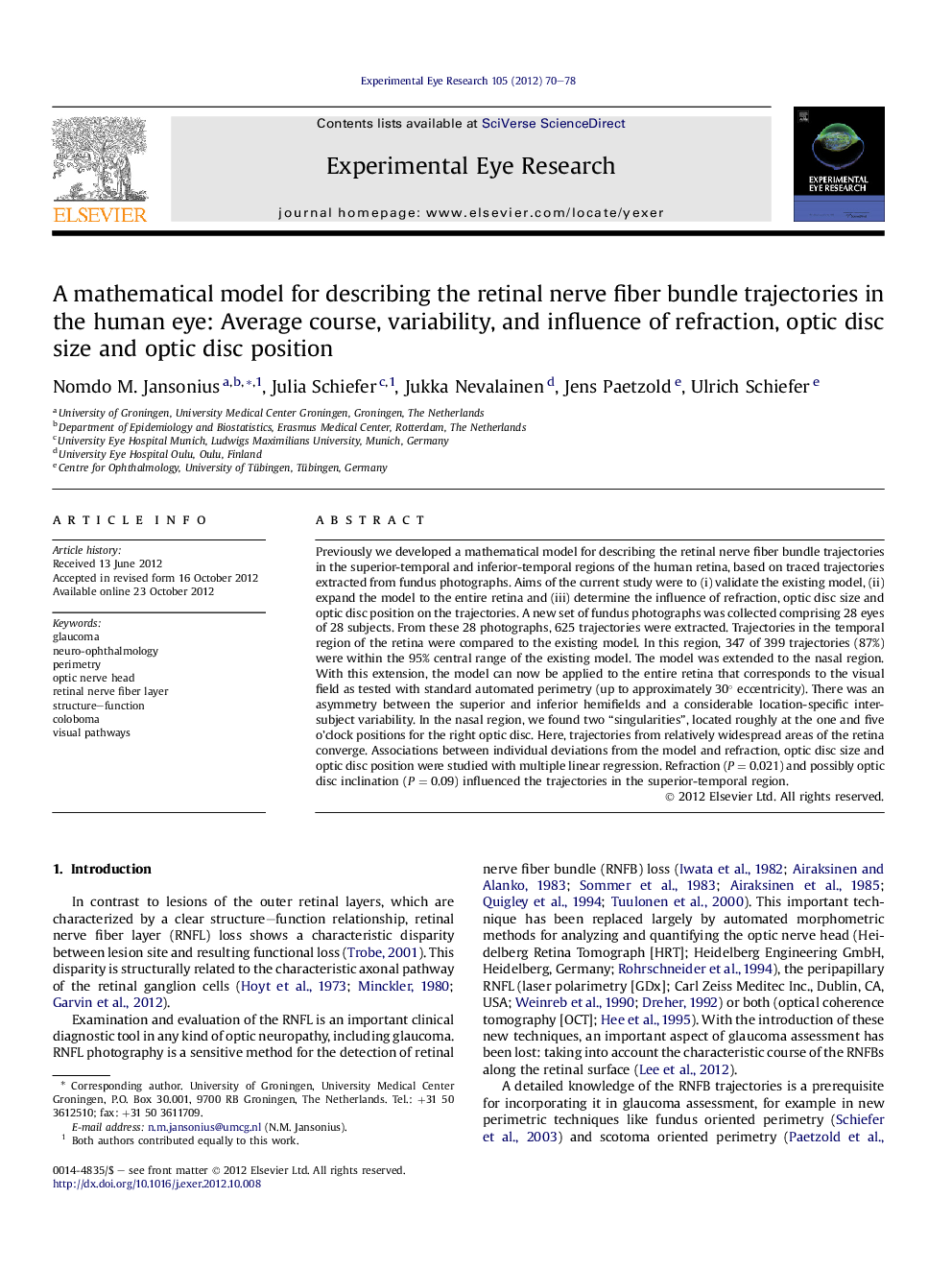 A mathematical model for describing the retinal nerve fiber bundle trajectories in the human eye: Average course, variability, and influence of refraction, optic disc size and optic disc position