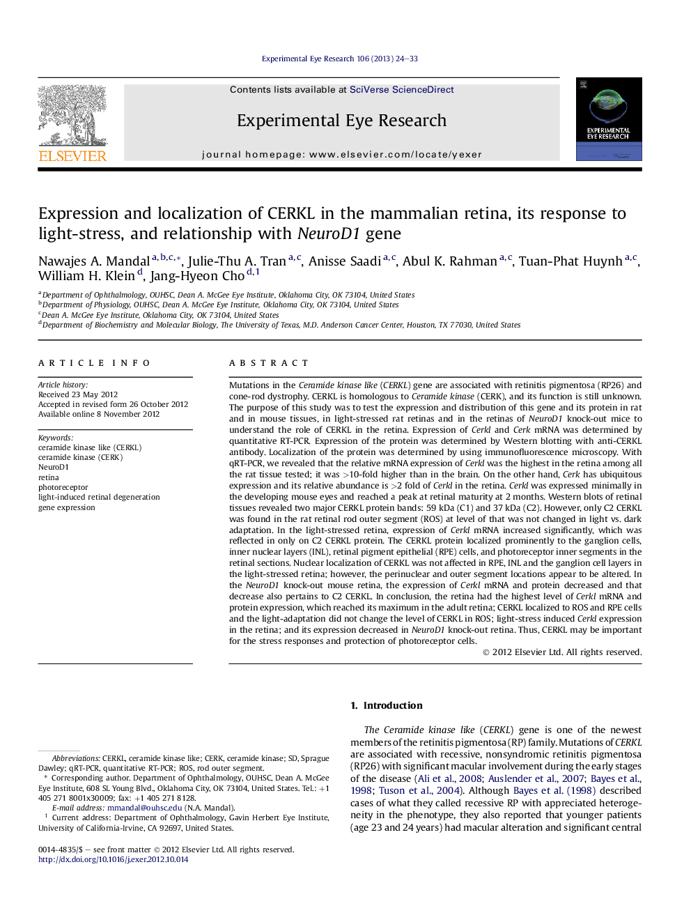 Expression and localization of CERKL in the mammalian retina, its response to light-stress, and relationship with NeuroD1 gene