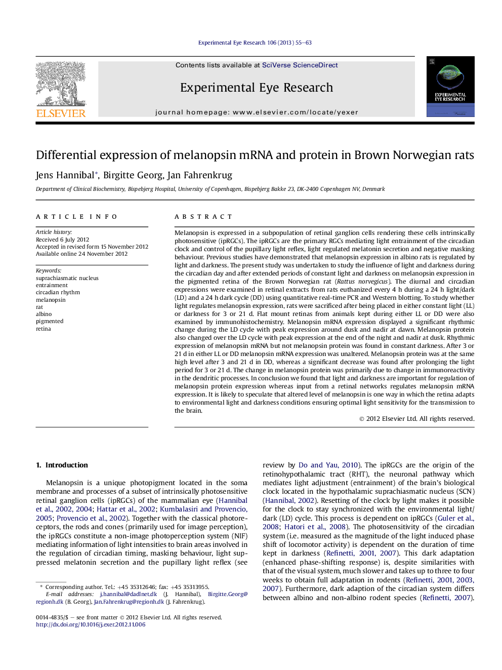 Differential expression of melanopsin mRNA and protein in Brown Norwegian rats