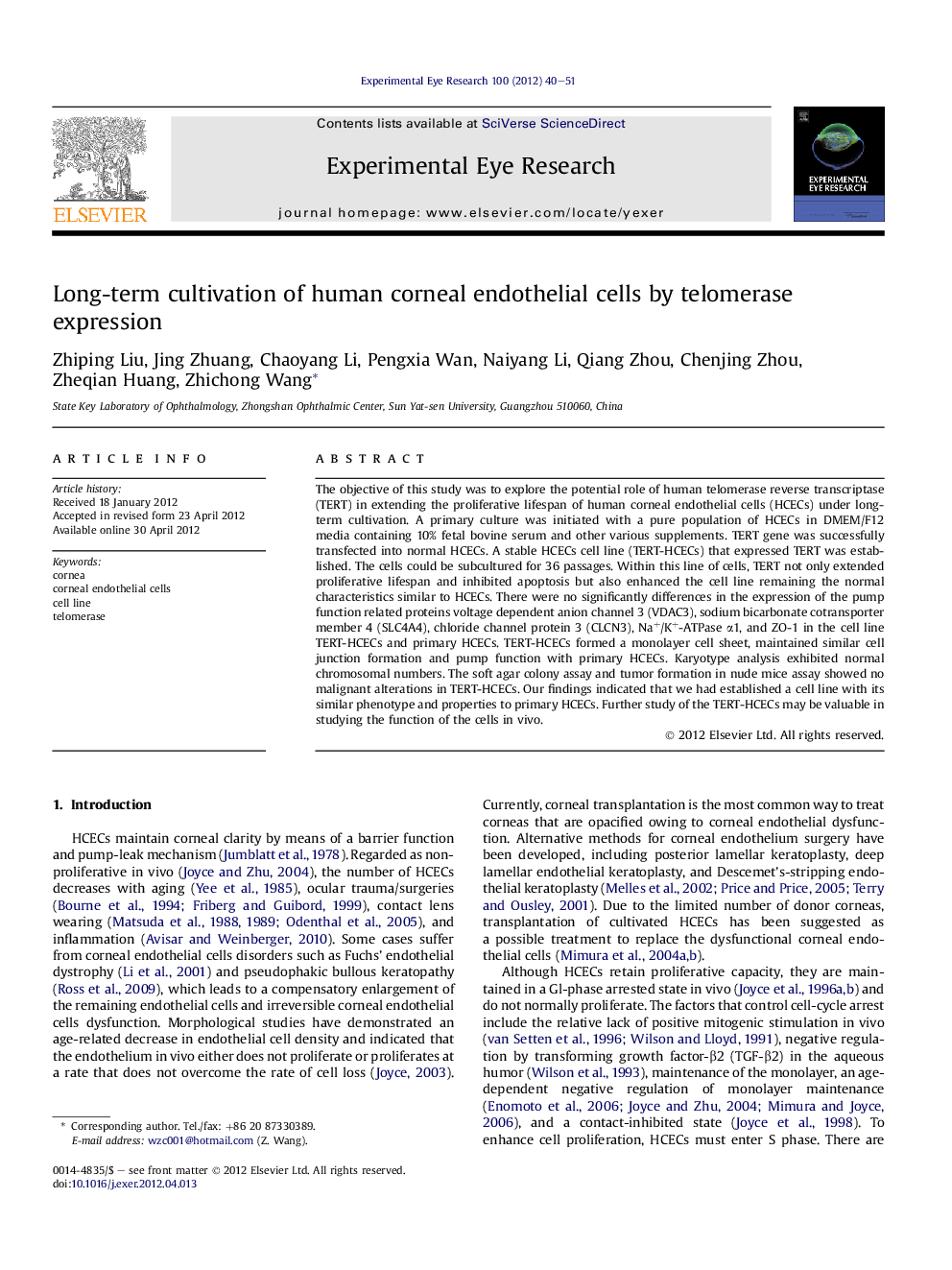 Long-term cultivation of human corneal endothelial cells by telomerase expression