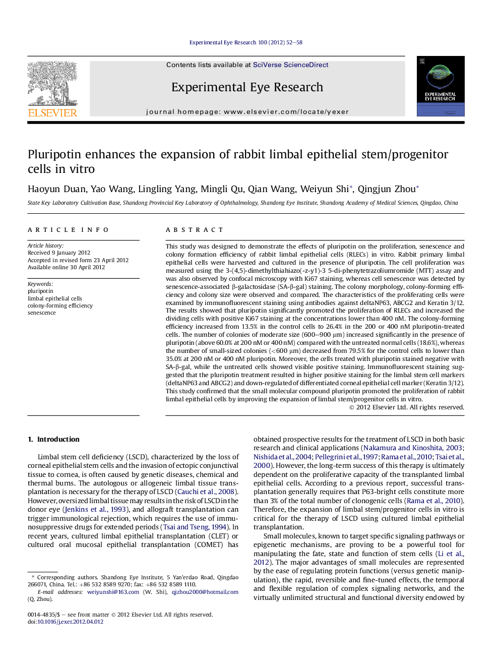 Pluripotin enhances the expansion of rabbit limbal epithelial stem/progenitor cells in vitro