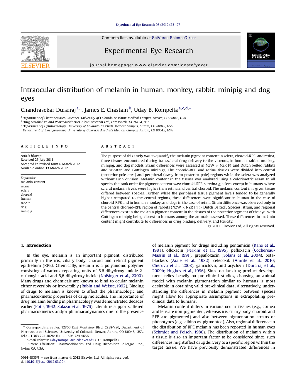 Intraocular distribution of melanin in human, monkey, rabbit, minipig and dog eyes