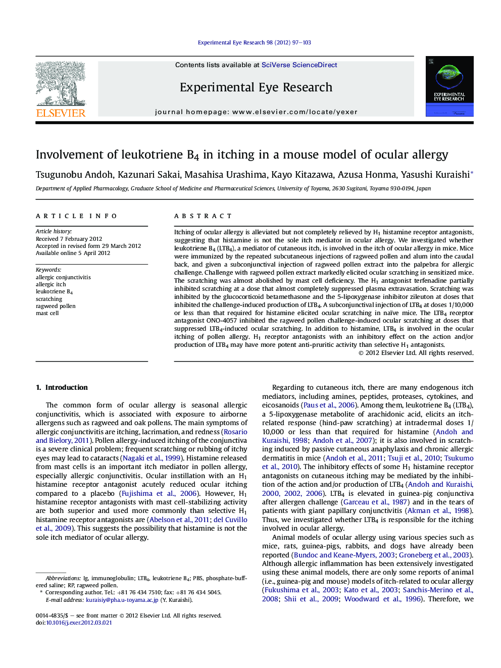 Involvement of leukotriene B4 in itching in a mouse model of ocular allergy